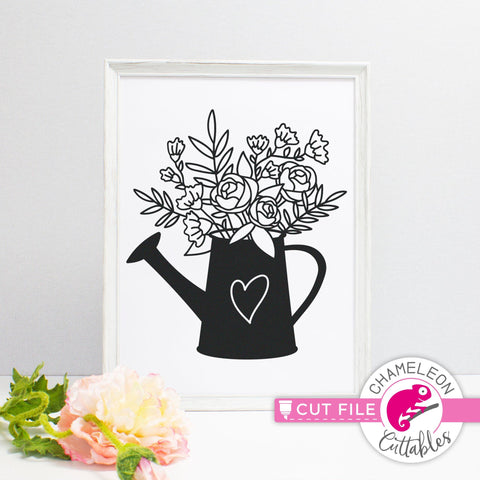 Watering Can with Flowers and Heart svg png dxf SVG Chameleon Cuttables 