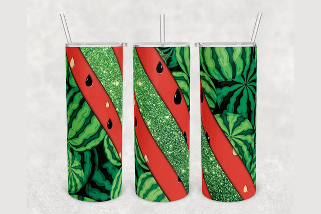 Watermelon Green Glitter Striped Tumbler sublimation design 20 oz skinny tumbler wrap Sublimation BambinaCreations 