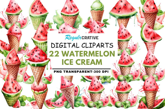Watermelon Ice Cream Watercolor Clipart Sublimation Regulrcrative 