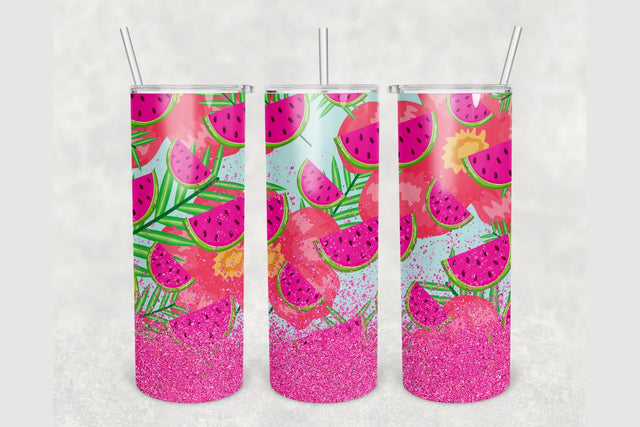 Watermelon Tropical Pink Glitter Tumbler sublimation design 20 oz skinny tumbler wrap Sublimation BambinaCreations 
