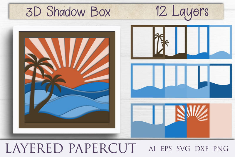 Waves shadow box svg, 3d layered ocean wave papercut, Summer beach svg ...