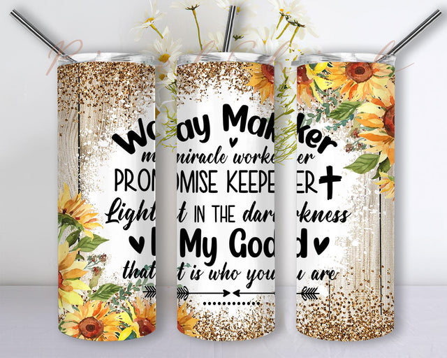 Way Maker Miracle Worker Promise Keeper, 20 oz Skinny Tumbler Sublimation Designs Sunflower Bible Verse Tumbler Sublimation PixelChick 