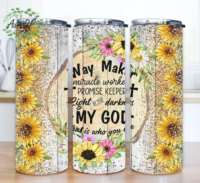 Way Maker Miracle Worker Promise Keeper 20oz Skinny Tumbler Png, Sunflower Bible Verse Tumbler, Gold Glitter Sunflower Tumbler, Digital Download Sublimation AdriOP 