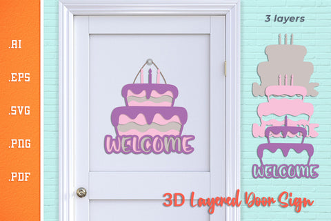 Welcome Birthday Cake - Layered Door Sign SVG SVG Slim Studio 