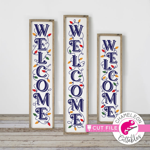 Welcome Christmas Lights Porch Sign File - vertical SVG file for long door sign (3 sizes) SVG Chameleon Cuttables 