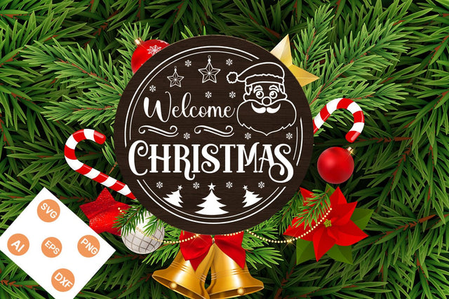 Welcome Christmas Round Sign SVG, Christmas SVG Design, SVGs,Quotes and Sayings,Food & Drink,On Sale, Print & Cut SVG DesignPlante 503 