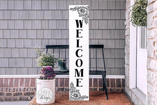 Welcome Floral Daisies SVG | Farmhouse Vertical Sign | dxf and more SVG Diva Watts Designs 