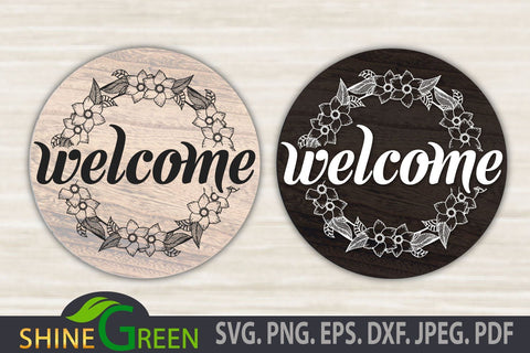 Welcome Floral SVG Round Wood Sign for Home, Farmhouse, Wedding SVG Shine Green Art 