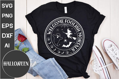 Welcome Foolish Mortals Round Sign SVG, Halloween Round Sign SVG, Farmhouse Halloween SVG Design,SVGs,Quotes and Sayings,Food & Drink,On Sale, Print & Cut SVG DesignPlante 503 