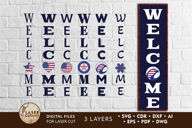 WELCOME for 4th of JULY Multilayer Laser Cut Files, Mini Design Bundles, Vertical Sign SVG LaserCutano 