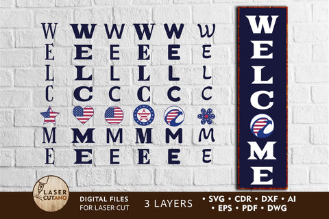 WELCOME for 4th of JULY Multilayer Laser Cut Files, Mini Design Bundles, Vertical Sign SVG LaserCutano 