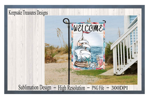 Welcome Garden Flag Sublimation Design, Summer Beach Flag, Nautical Garden Flag, Digital Download Sublimation Keepsake Treasures Designs LLC. 