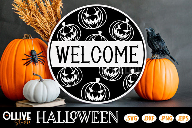 Welcome Halloween Pumpkin Door Sign SVG SVG Ollive Studio 