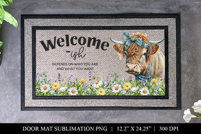 Welcome-ish Highland Cow Door Mat Sublimation Design PNG Sublimation BijouBay 