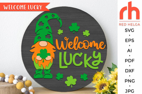 Welcome Lucky SVG, Round Hanger Cut File, Gnome Door Sign DXF SVG RedHelgaArt 