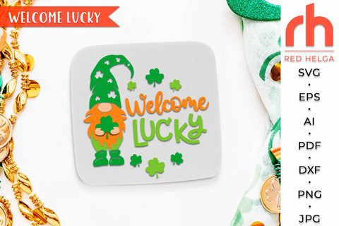 Welcome Lucky SVG, Round Hanger Cut File, Gnome Door Sign DXF SVG RedHelgaArt 