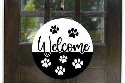 Welcome Round Sign SVG with Paw Prints SVG Shine Green Art 