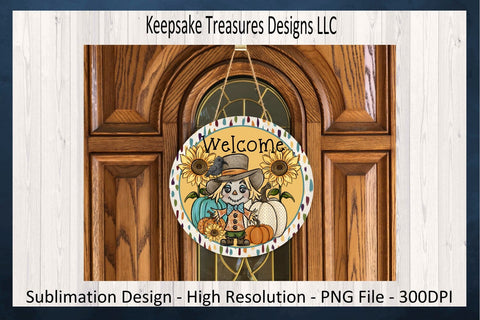 Welcome Scarecrow Wreath Attachment, PNG Sublimation Printable Design, Fall Porch Décor, Digital Download, Autumn Sunflower Door Hanger Sublimation Keepsake Treasures Designs LLC. 