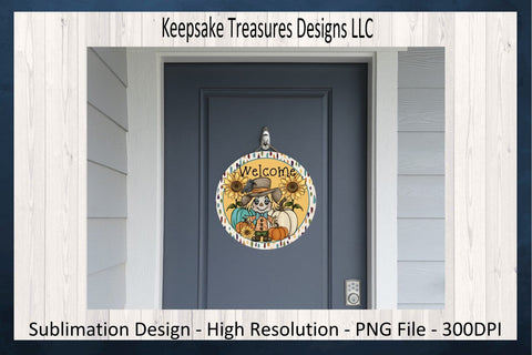 Welcome Scarecrow Wreath Attachment, PNG Sublimation Printable Design, Fall Porch Décor, Digital Download, Autumn Sunflower Door Hanger Sublimation Keepsake Treasures Designs LLC. 