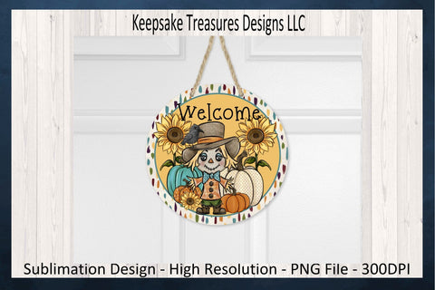 Welcome Scarecrow Wreath Attachment, PNG Sublimation Printable Design, Fall Porch Décor, Digital Download, Autumn Sunflower Door Hanger Sublimation Keepsake Treasures Designs LLC. 