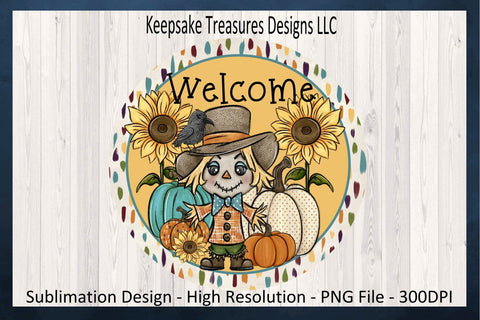 Welcome Scarecrow Wreath Attachment, PNG Sublimation Printable Design, Fall Porch Décor, Digital Download, Autumn Sunflower Door Hanger Sublimation Keepsake Treasures Designs LLC. 