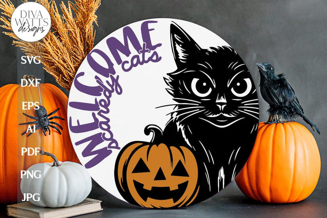 Welcome Scaredy Cats SVG For Halloween Door Hanger With Black Cat SVG Front Door Sign For Halloween Decor Black Cat With Pumpkin SVG SVG Diva Watts Designs 
