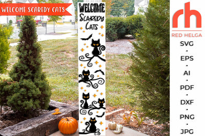 Welcome Scaredy Cats SVG, Halloween Porch Sign Cut File, Cats Silhouettes, Fall Leaner DXF, Autumn Decor SVG RedHelgaArt 