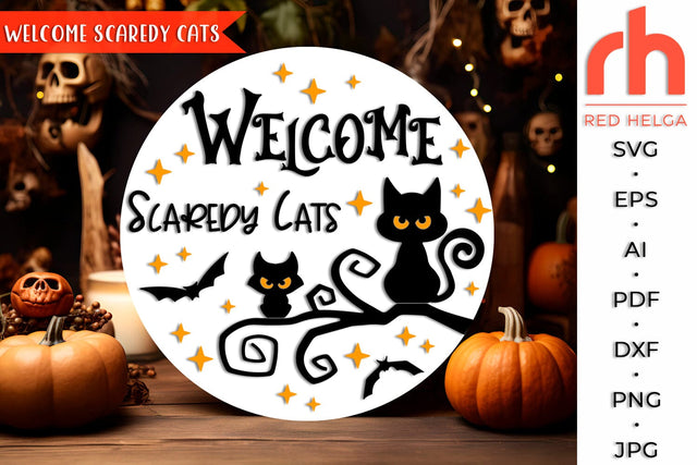 Welcome Scaredy Cats SVG, Round Hanger Cut File, Cats Silhouettes, Halloween Door Sign DXF, Seasonal Decor, Fall Design SVG RedHelgaArt 