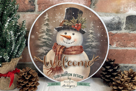 Welcome Snowman | Vintage Rustic Snowman Round Sublimation Design Sublimation Ewe-N-Me Designs 
