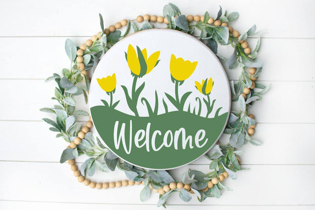 Welcome Spring Round Sign SVG Cut File SVG Shine Green Art 