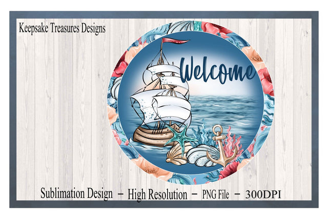 Welcome Summer Wreath Attachment, PNG Sublimation Design, Nautical Door Sign, Digital Download Sublimation Keepsake Treasures Designs LLC. 