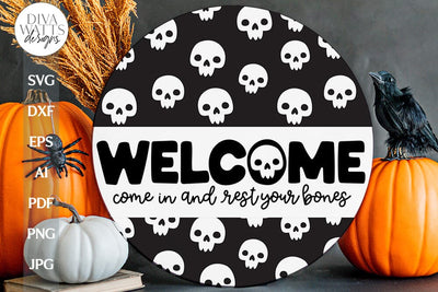 Welcome SVG For Halloween With Skull Door Hanger For Halloween SVG With Skulls For Sign Come In And Rest Your Bones Halloween svg SVG Diva Watts Designs 
