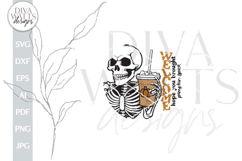 Welcome SVG With Skeleton For Halloween Door Hanger Pumpkin Spice Sign For Welcome Door Hanger SVG With Funny Skeleton SVG Funny Coffee svg SVG Diva Watts Designs 
