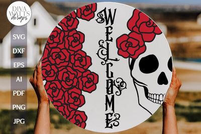 Welcome SVG With Skull and Roses For Halloween Door Hanger SVG With Gothic Skull Welcome With Roses For Front Door Sign With Skull SVG SVG Diva Watts Designs 