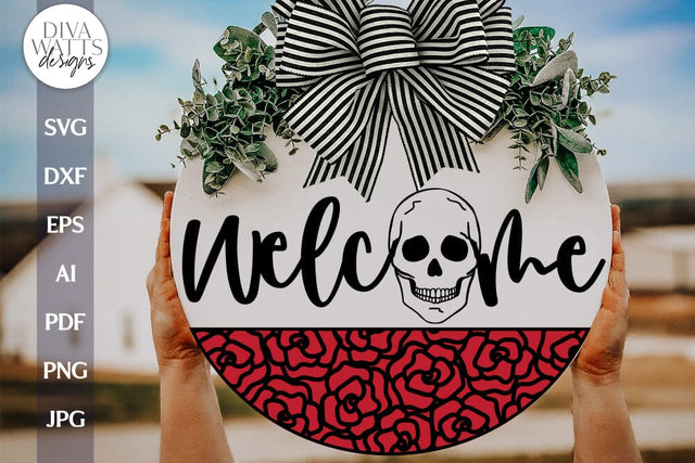 Welcome SVG With Skull and Roses For Halloween Door Hanger SVG With Skull Welcome With Roses For Front Door Sign With Skull SVG For Fall SVG Diva Watts Designs 