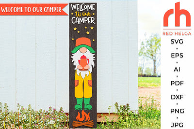 Welcome To Our Camper SVG, Porch Board Cut File, Gnome and Campfire Silhouette, Layered Summer Sign DXF SVG RedHelgaArt 