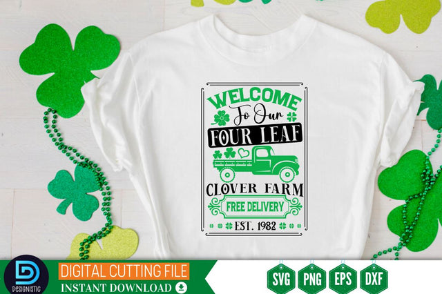 Welcome to our four leaf clover farm free delivery est. 1982 SVG SVG DESIGNISTIC 
