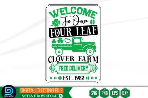 Welcome to our four leaf clover farm free delivery est. 1982 SVG SVG DESIGNISTIC 