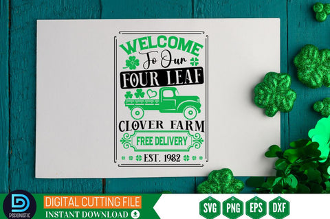 Welcome to our four leaf clover farm free delivery est. 1982 SVG SVG DESIGNISTIC 