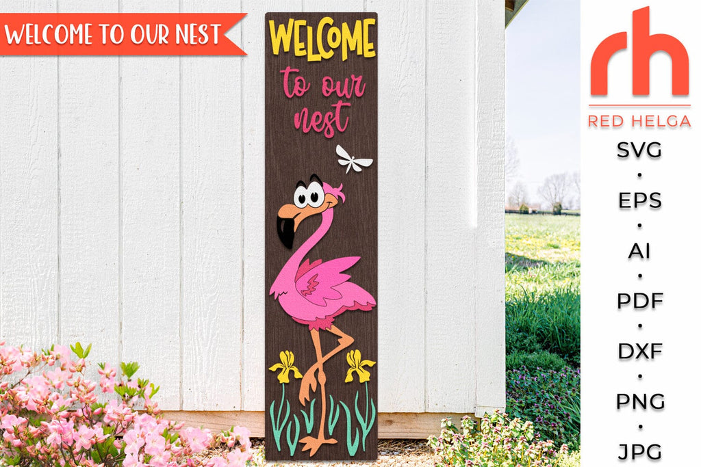 Welcome to Our Nest SVG, Layered Flamingo Porch Sign DXF - So Fontsy