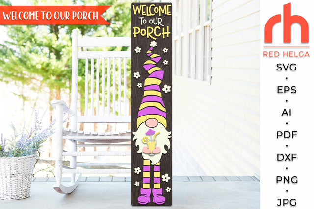 Welcome To Our Porch SVG, Porch Board Cut File, Gnome with a Cocktail Silhouette, Layered Welcome Sign DXF SVG RedHelgaArt 