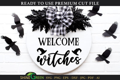 Welcome Witches | Halloween Round Sign SVG Cut File SVG Shine Green Art 