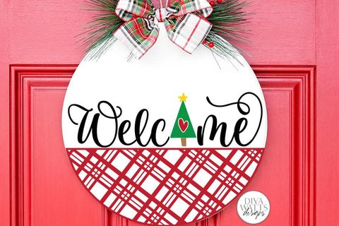 Welcome with Christmas Tree and Plaid SVG | Winter Door Hanger Design SVG Diva Watts Designs 