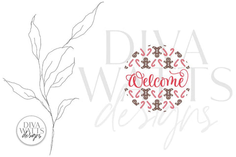 Welcome with Gingerbread and Candy Canes SVG | Christmas Round Sign Design SVG Diva Watts Designs 