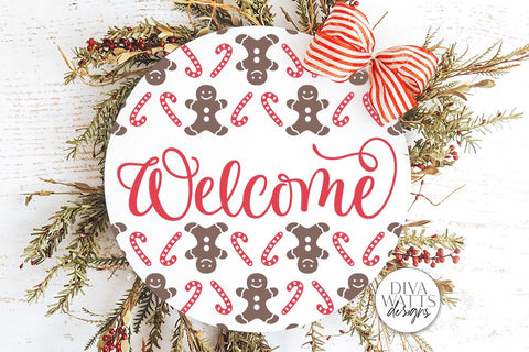 Welcome with Gingerbread and Candy Canes SVG | Christmas Round Sign Design SVG Diva Watts Designs 