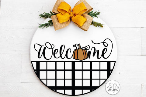 Welcome With Pumpkin And Plaid SVG | Farmhouse Fall Door Hanger Design SVG Diva Watts Designs 