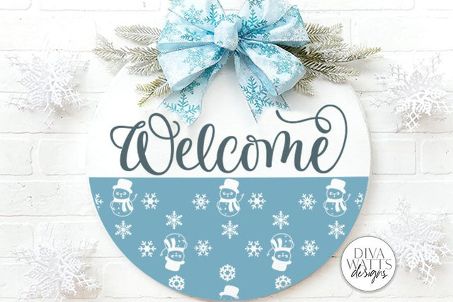 Welcome With Snowman & Snowflakes SVG | Christmas / Winter Round Sign Design SVG Diva Watts Designs 