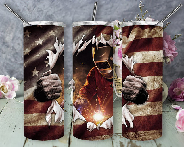 Welder American Flag 20oz Skinny Tumbler, American Flag Tumbler PNG Wrap Sublimation Sublimation DesignSVG 