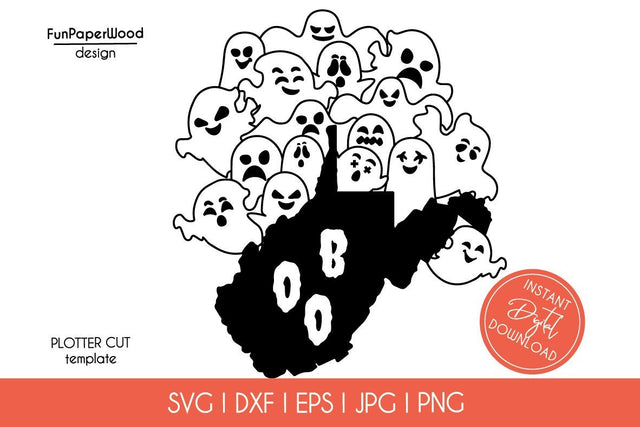 West Virginia WV state map Cute Halloween Boo scary ghosts faces SVG DXF EPS PNG JPEG SVG FunPaperWood 