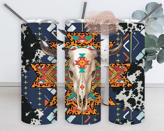 Western Aztec Cow Skull 20oz Skinny Tumbler, Aztec Cowhide Tumbler Wrap, Western Cow Skull Tumbler Png, Instant Download Sublimation Rabbitmakies 